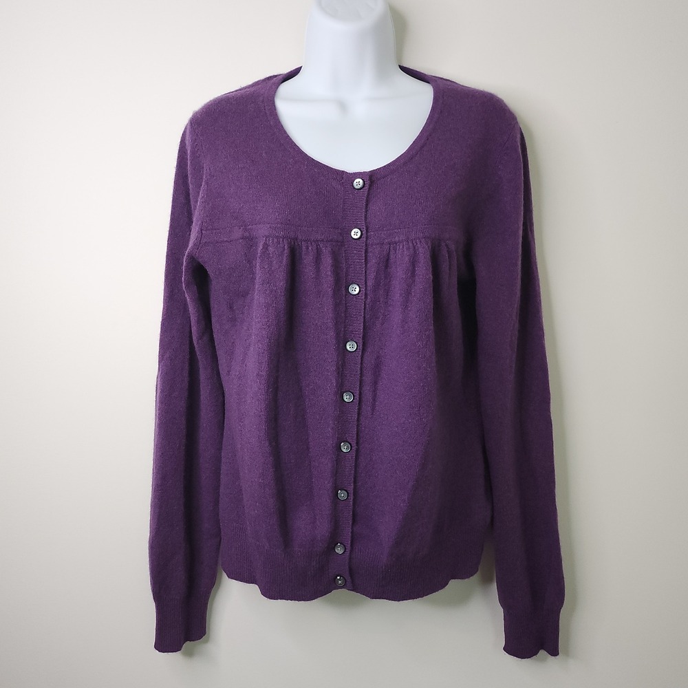 100% Cashmere Purple Whimisgoth Cardigan Sweater Medium Ruched Yoke Button Up